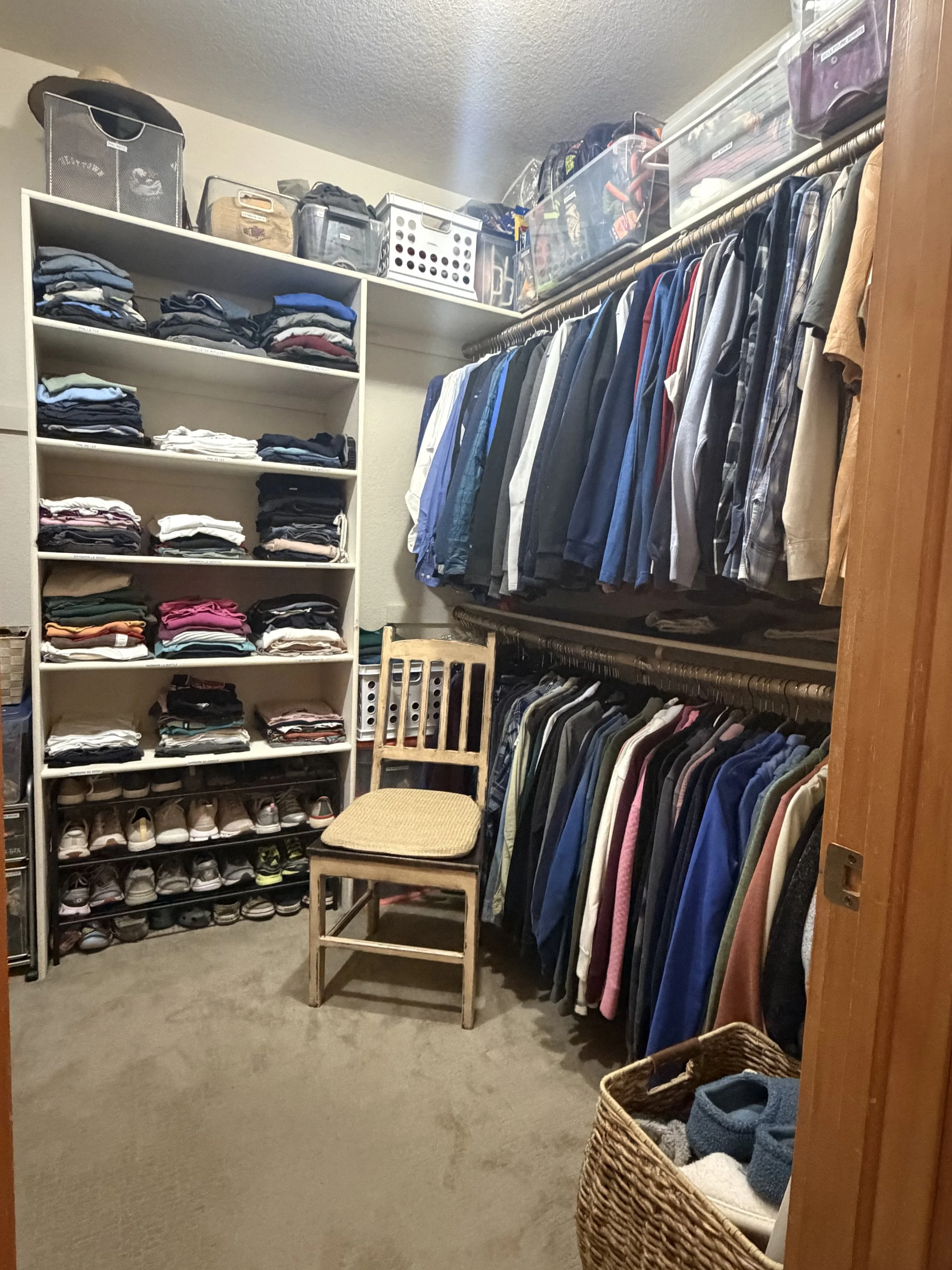 AFTER…His and hers hanging, shelves, drawers and storage all labeled and neatly put away.