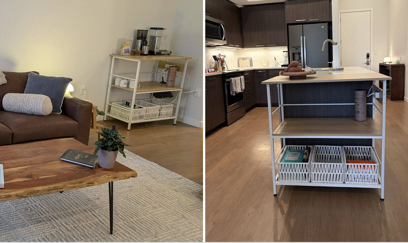 AFTER…One piece, two great options. This kitchen island doubles as a coffee cart/bar and an extension of the living room OR additional counter space in the kitchen. Plus, it has electrical and USB outlets!