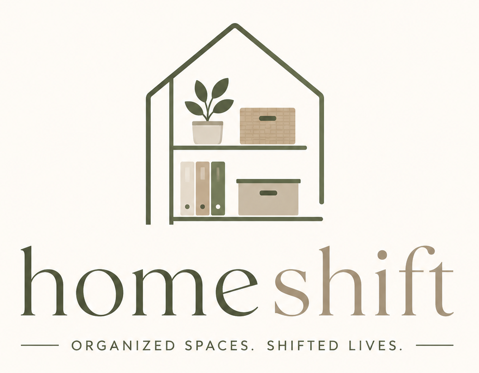 Illustration of a minimalist house outline with a shelf containing a potted plant, storage box, and binders, along with the text 'homeshift' and the slogan 'Organized spaces. Shifted lives.'