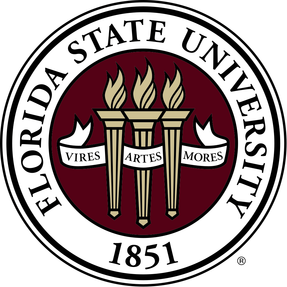 The seal of the Florida State University featuring three torches with flames, surrounded by the words "Florida State University" and the year "1851."