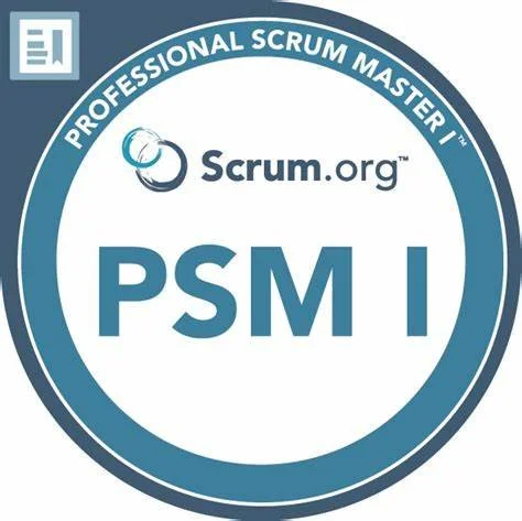 Certification badge for Professional Scrum Master I from Scrum.org with a blue circular design and the text PSM I.