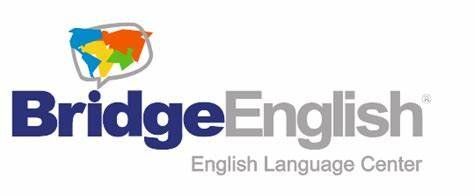 BridgeEnglish logo with a colorful map of the United States in a shopping cart, and text reading 'BridgeEnglish' and 'English Language Center'.