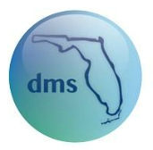Florida Department of Management Services (DMS) logo with an outline of Florida state in blue on a light blue circular background