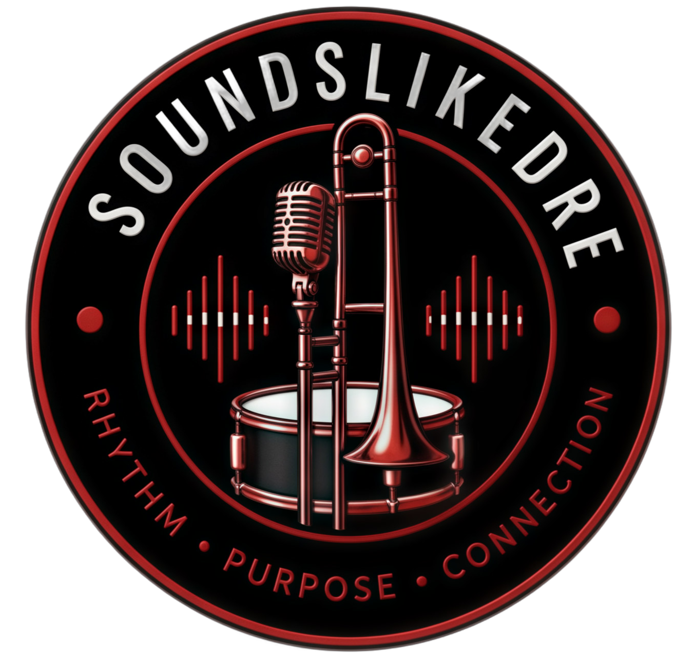 A circular logo with a black background and red and white accents. Inside, a vintage-style microphone, a trombone, and musical sound waves are depicted. The words "SoundSLIKEDR" are curved on the top, and at the bottom, the words "WITH PURPOSE CONNECTION" are written, separated by small dots.