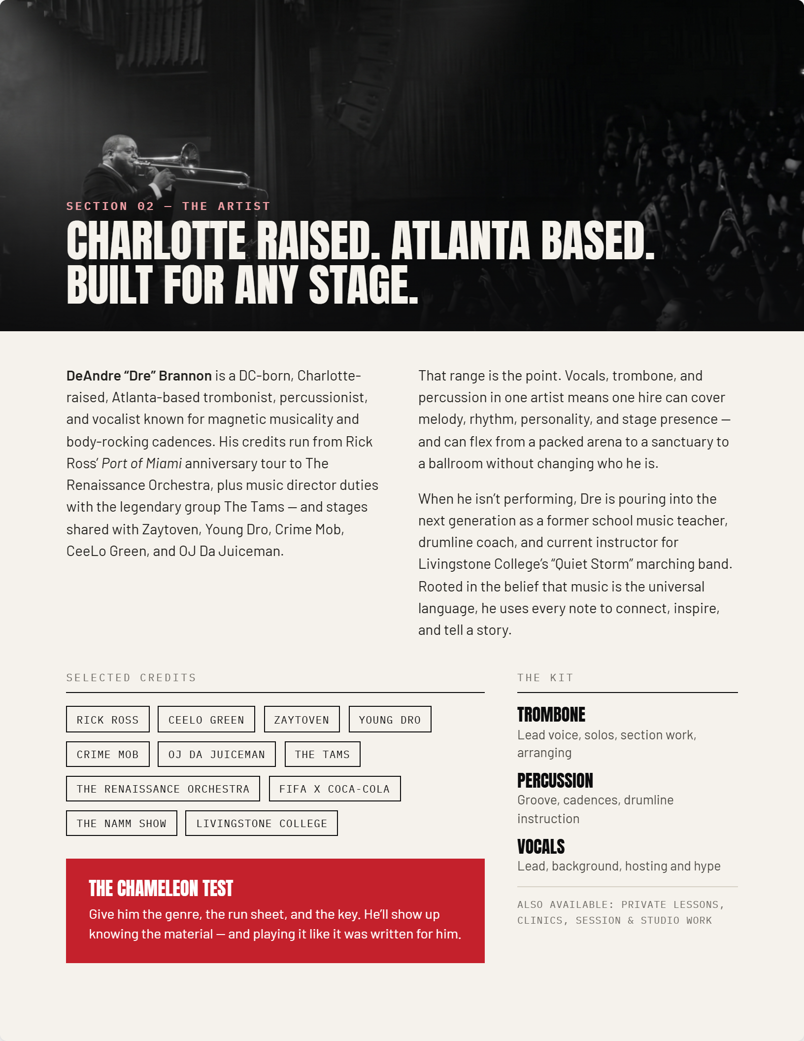 A webpage featuring a music artist section with a black and white background image of a man playing trombone on stage, and a text section with artist information, credits, and a red banner titled 'The Chameleon Test'.