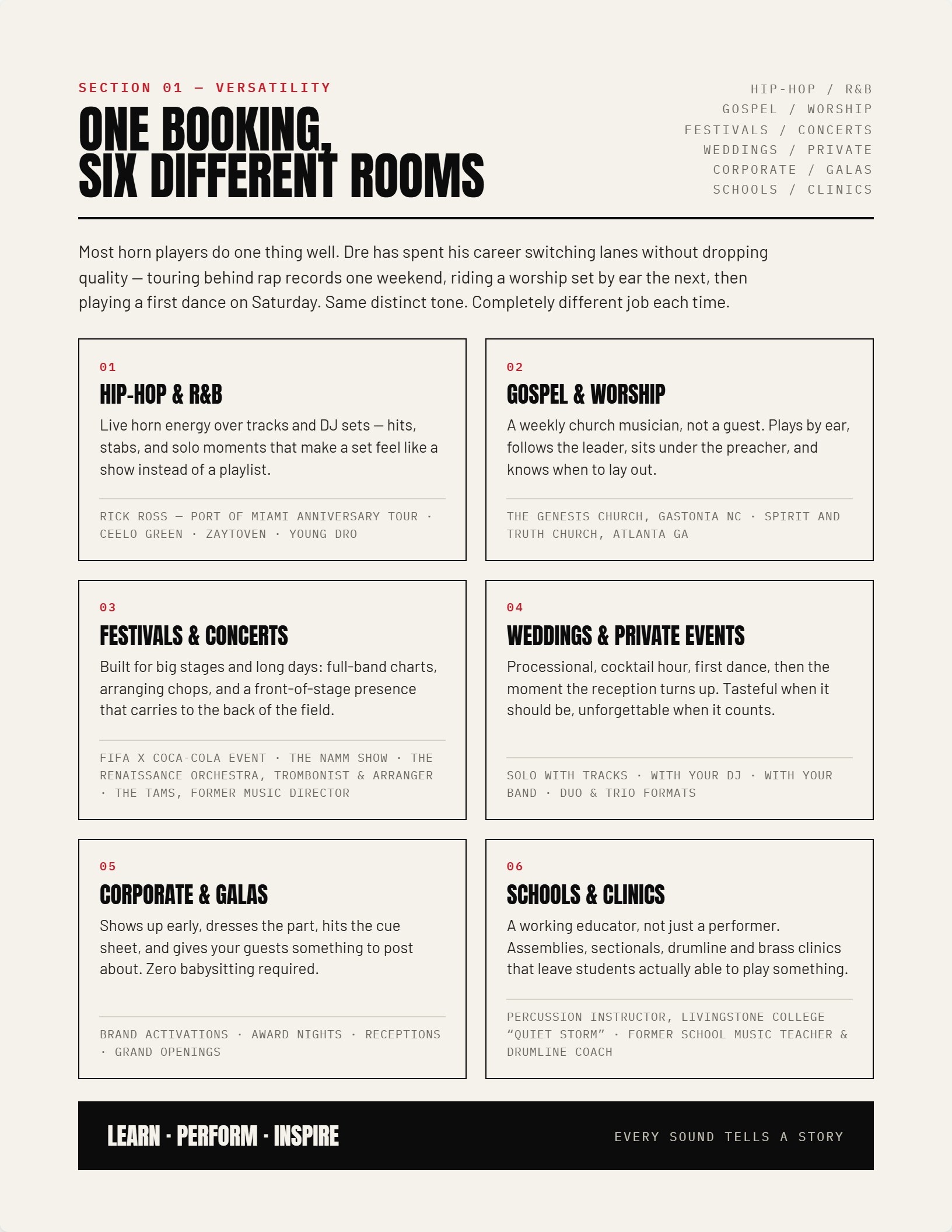 A page from a promotional brochure or website showcasing different event or booking options, including hip-hop, gospel, festivals, weddings, corporate, schools, and clinics, with descriptions for each, and a black banner at the bottom with the words 'Learn - Perform - Inspire' and the phrase 'Every sound tells a story.'