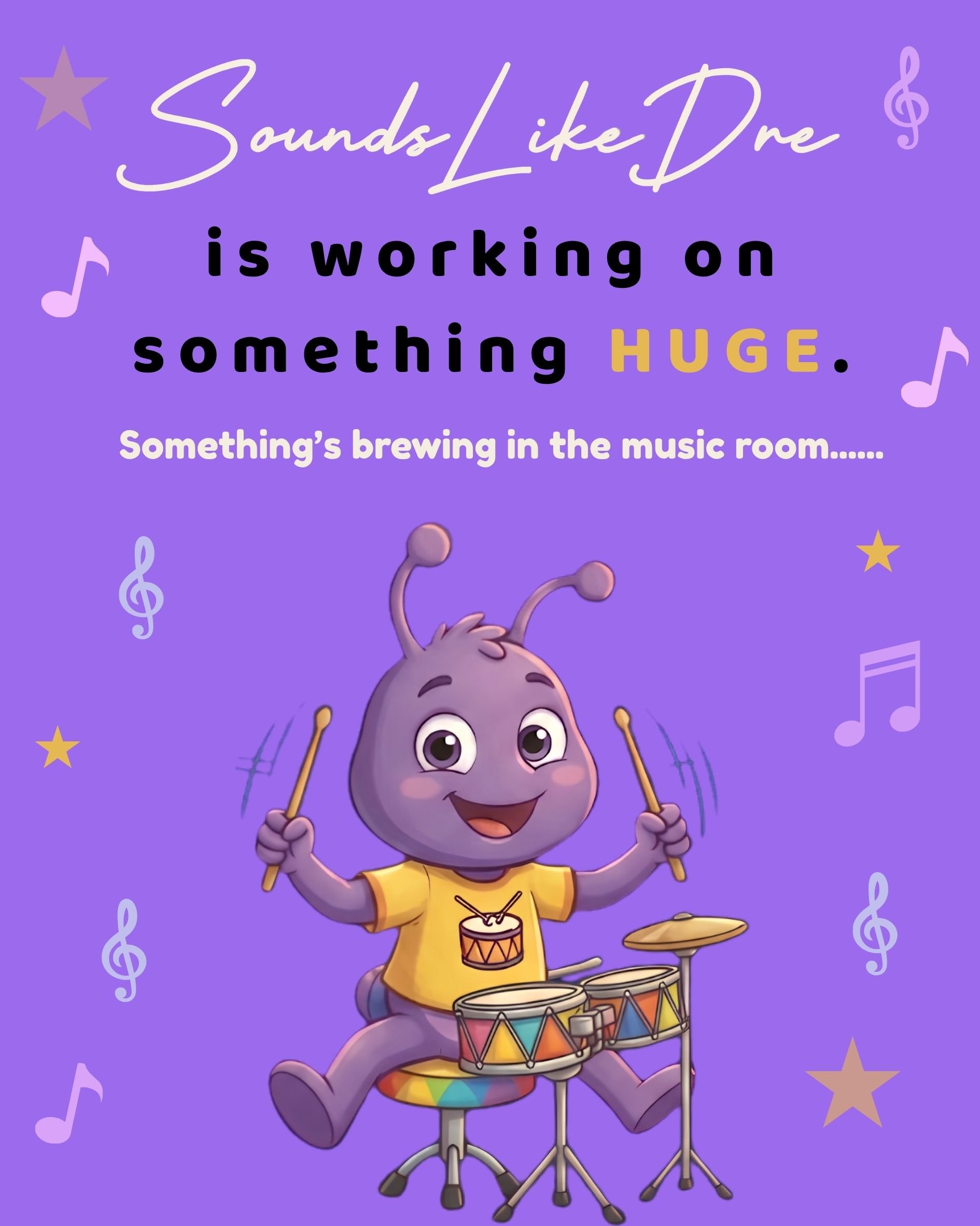 A cartoon character with purple fur and antennae playing drums. The background is purple with musical notes, stars, and a treble clef.