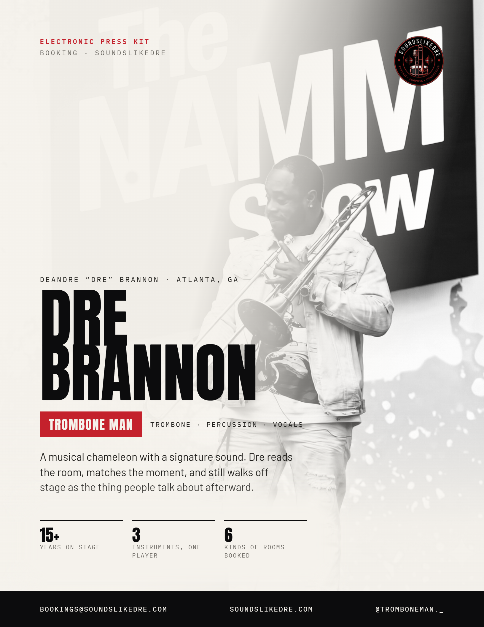 Poster advertising Deandre 'Dre' Brannon, a trombone player from Atlanta, GA. The poster features a photo of Brannon playing his trombone, with bold text highlighting his name and role as a trombone man, emphasizing his musical skills and stage experience. The poster also includes booking contact information and social media handle.