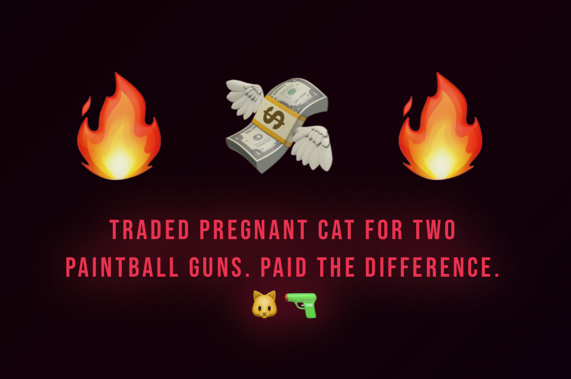A graphic showing two fire emojis, a flying dollar bill with wings, and a cat face emoji with a green paintball gun emoji. The text reads, "Traded pregnant cat for two paintball guns. Paid the difference."