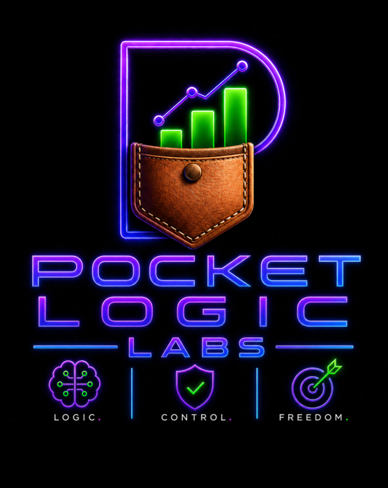 Neon sign featuring a wallet with a chart rising above it, and the words "Pocket Logic Labs" in glowing letters. Below are icons with labels: a brain with circuits labeled "Logic," a shield with a checkmark labeled "Control," and a target with an arrow labeled "Freedom."