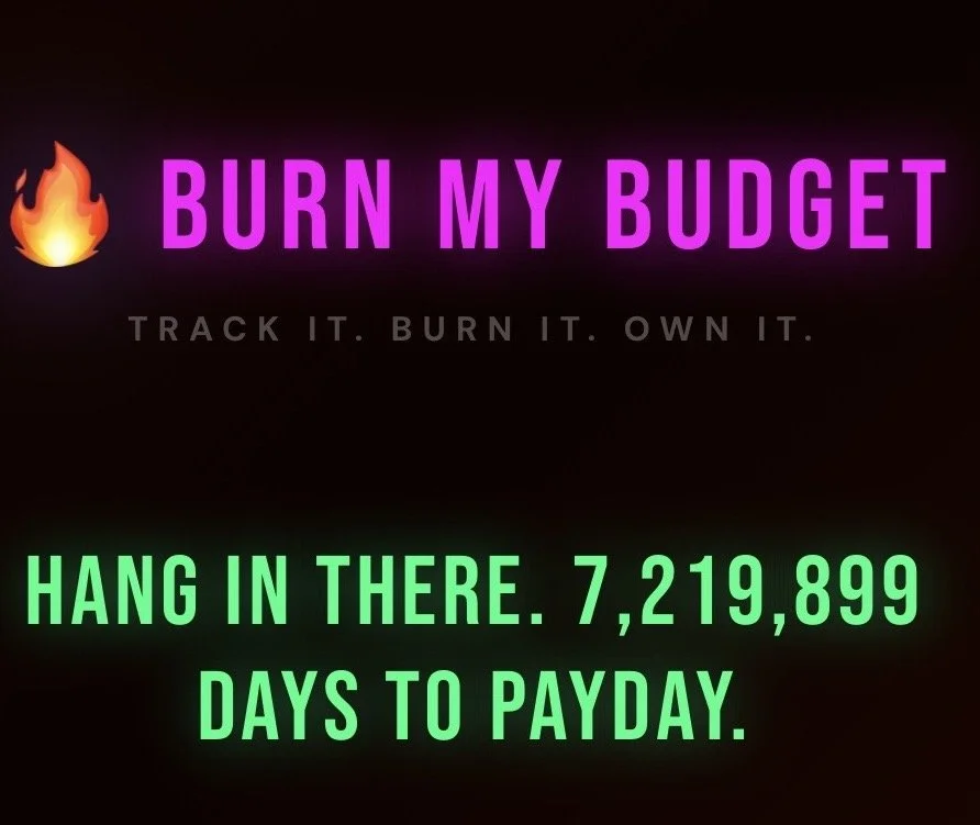 Neon sign with a flaming torch icon, the words "BURN MY BUDGET" in purple, and the phrase "HANG IN THERE. 7,219,899 DAYS TO PAYDAY" in green.