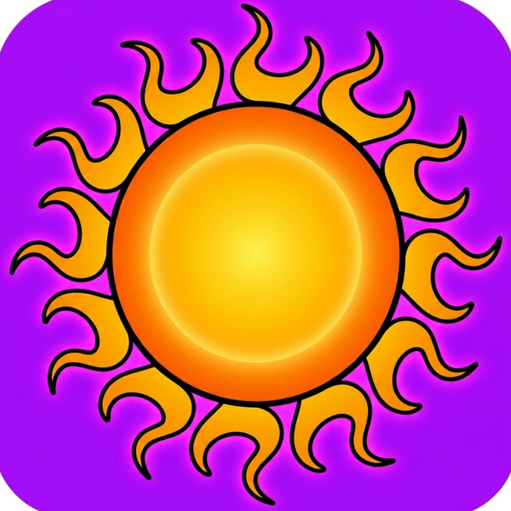 A stylized sun with a glowing yellow core and fiery orange flames outlined in black, set against a purple background.