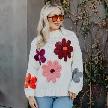 White Floral Warm Fall Stitched Sweater