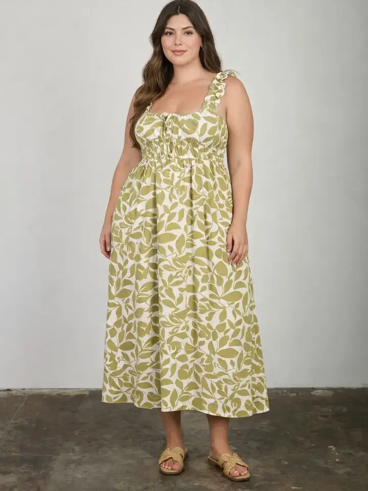 Plus Leaf Print Ruffle Strap Shirred Waist Midi Dress