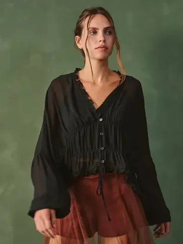 Plus Size Sheer Ruffle V-Neck Blouse