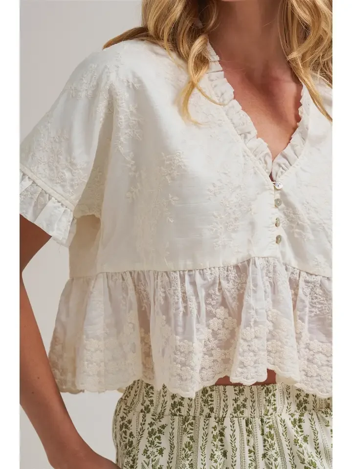 Embroidered Lace Peplum Boho Blouse Top with Ruffle Detail