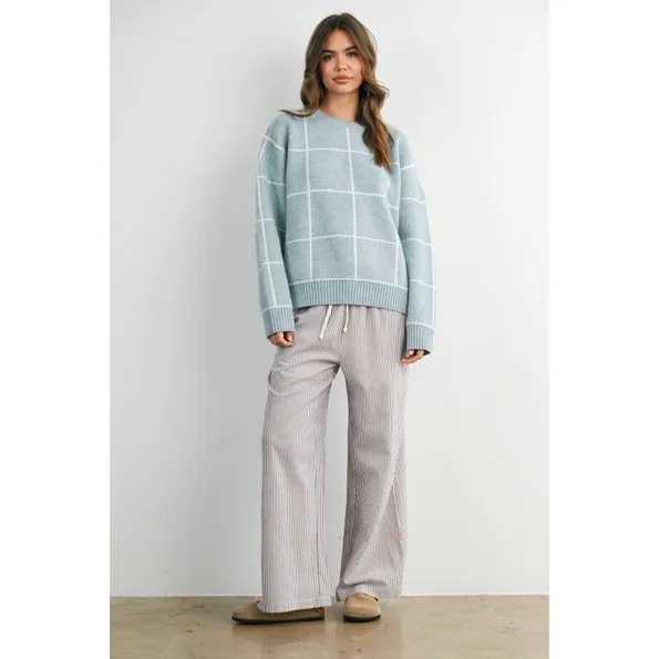 Drawstring Waist Striped Pants - Brown