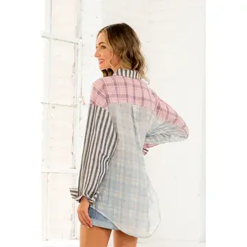 Plus Button Down Plaid and Stripes Top