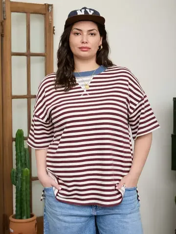Plus Stripe Colorblock Detail Short Sleeve Knit T-Shirt