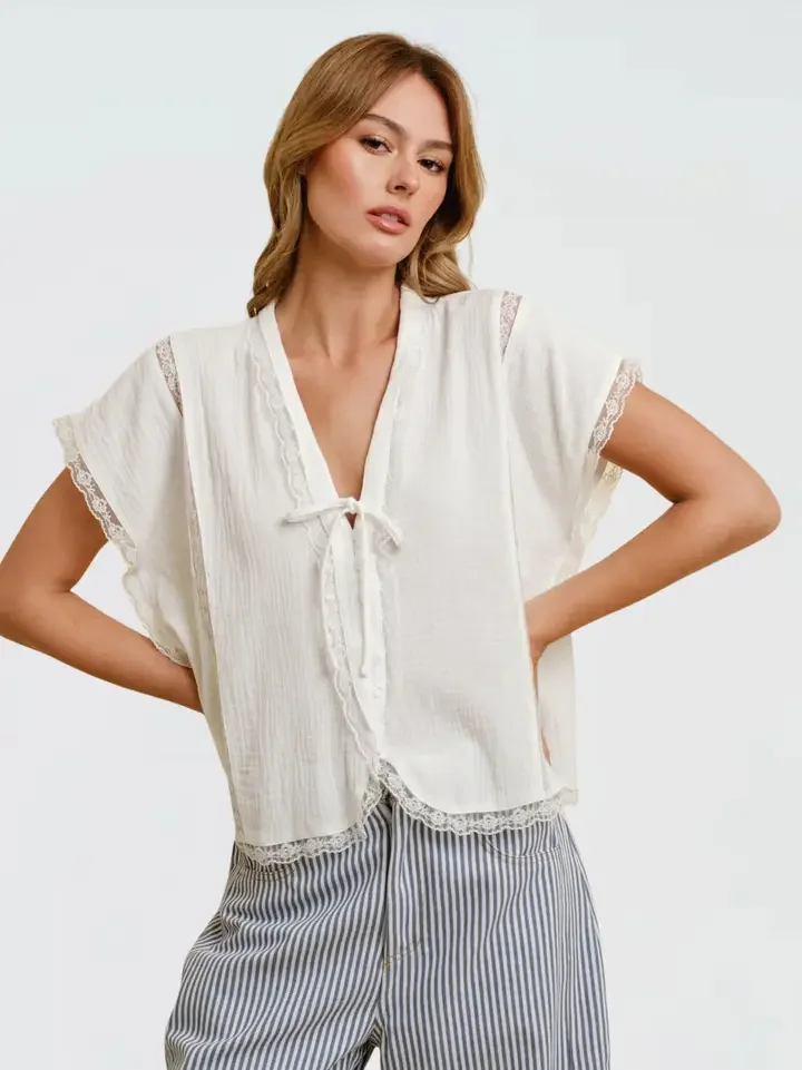 Tie Front Lace Trim Top