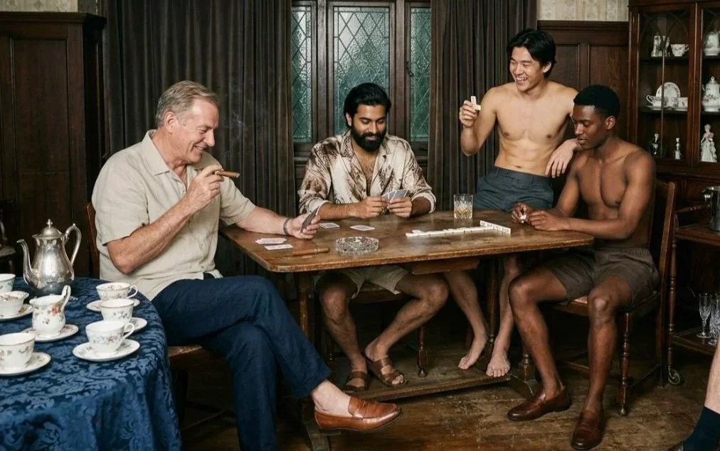Four men, two shirtless and two fully clothed, sitting around a wooden table in a cozy room playing a card game and laughing.