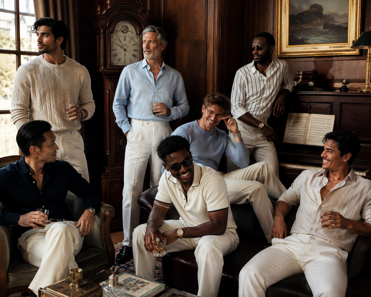 A diverse group of eight men enjoying a casual gathering in a vintage-style living room. They are smiling, drinking, and chatting, with some seated on chairs and others standing near a wooden piano, which has an open sheet music book on it. The room features wooden paneling, a grandfather clock, and framed paintings.