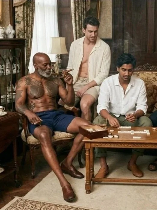 Three men playing a game of dominoes in a vintage-style living room. One man is shirtless with tattoos, sitting on a chair, holding a cigarette. Another man with dark hair and a white shirt is seated at the table, while a third young man is standing behind them, wearing an open shirt and shorts.
