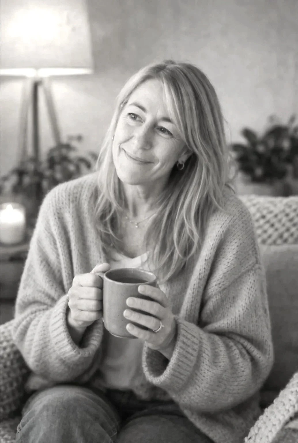 Jodie Baker, holistic counsellor and coach with a cup of tea in her cozy healing space in Parkdale Bayside Melbourne