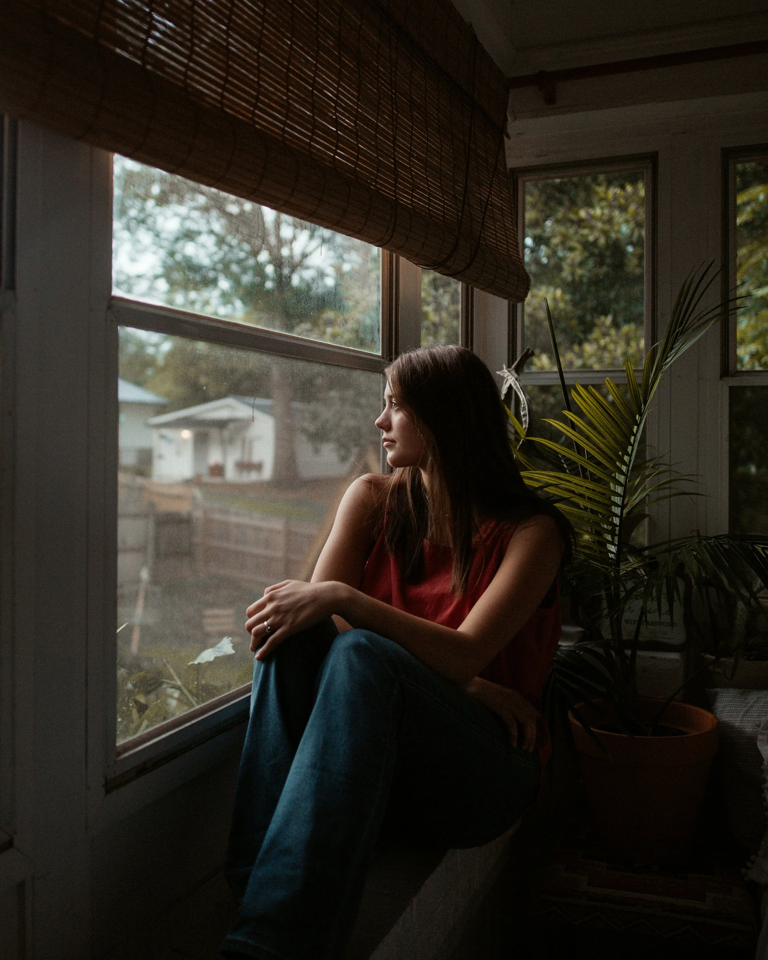 Young woman sitting by a large window with a bamboo blind, looking outside, and a potted plant in the corner of the room.
