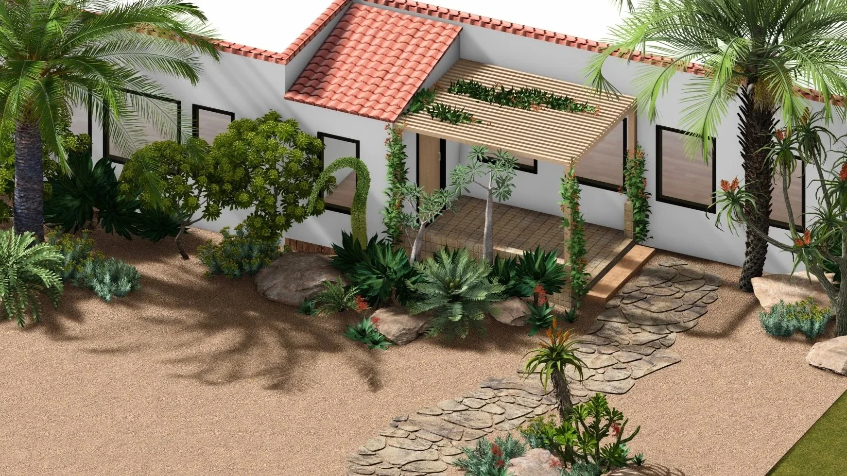 A modern house with a red-tiled roof and white walls, surrounded by lush tropical plants and trees, with a stone pathway leading to the entrance and a shaded porch area.