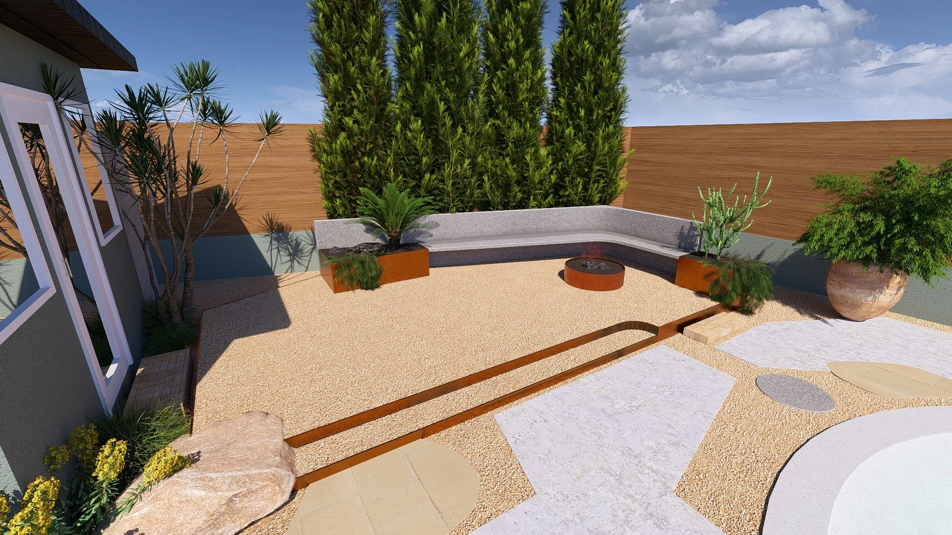 A modern outdoor patio area with a curved, light gray bench, potted plants, small trees, and a tall green hedge against a clear blue sky.