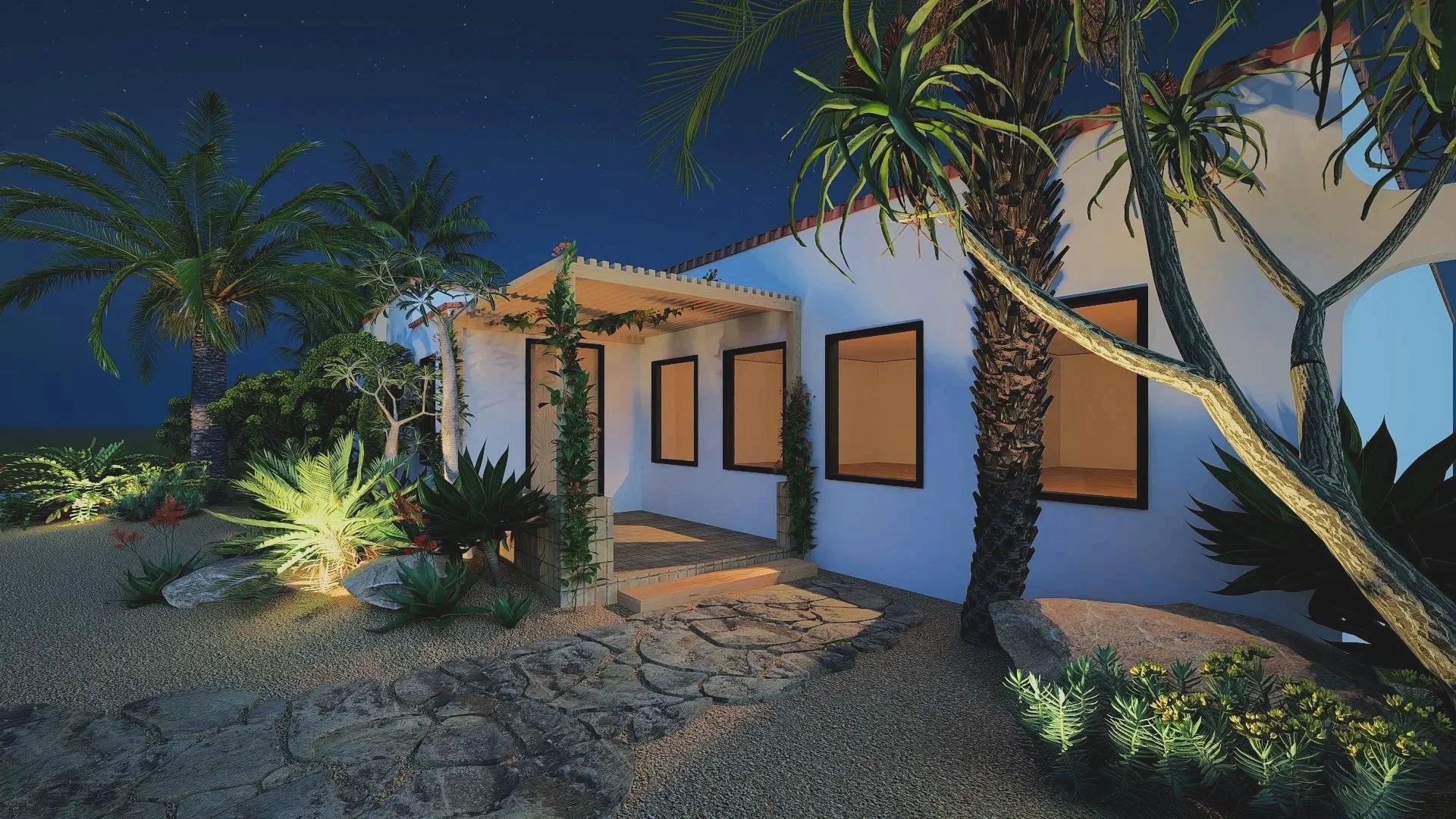 Night view of a modern house with white walls, black-framed windows, surrounded by lush tropical plants and palm trees, illuminated by outdoor lighting.