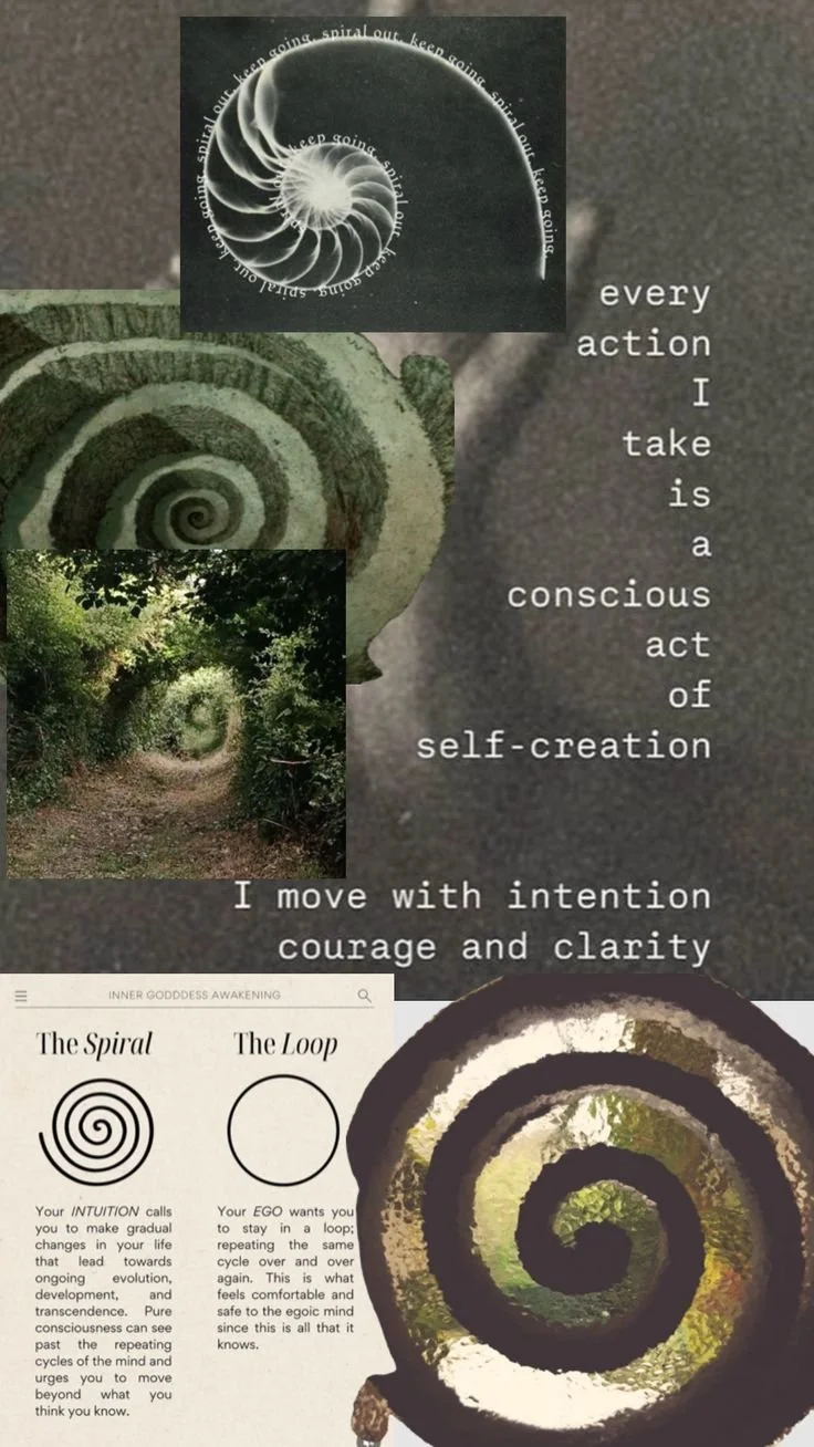 Multiple images of spiral designs, including a nautilus shell, and a nature trail surrounded by trees. Overlaid text reads: 'every action I take is a conscious act of self-creation. I move with intention, courage, and clarity.'