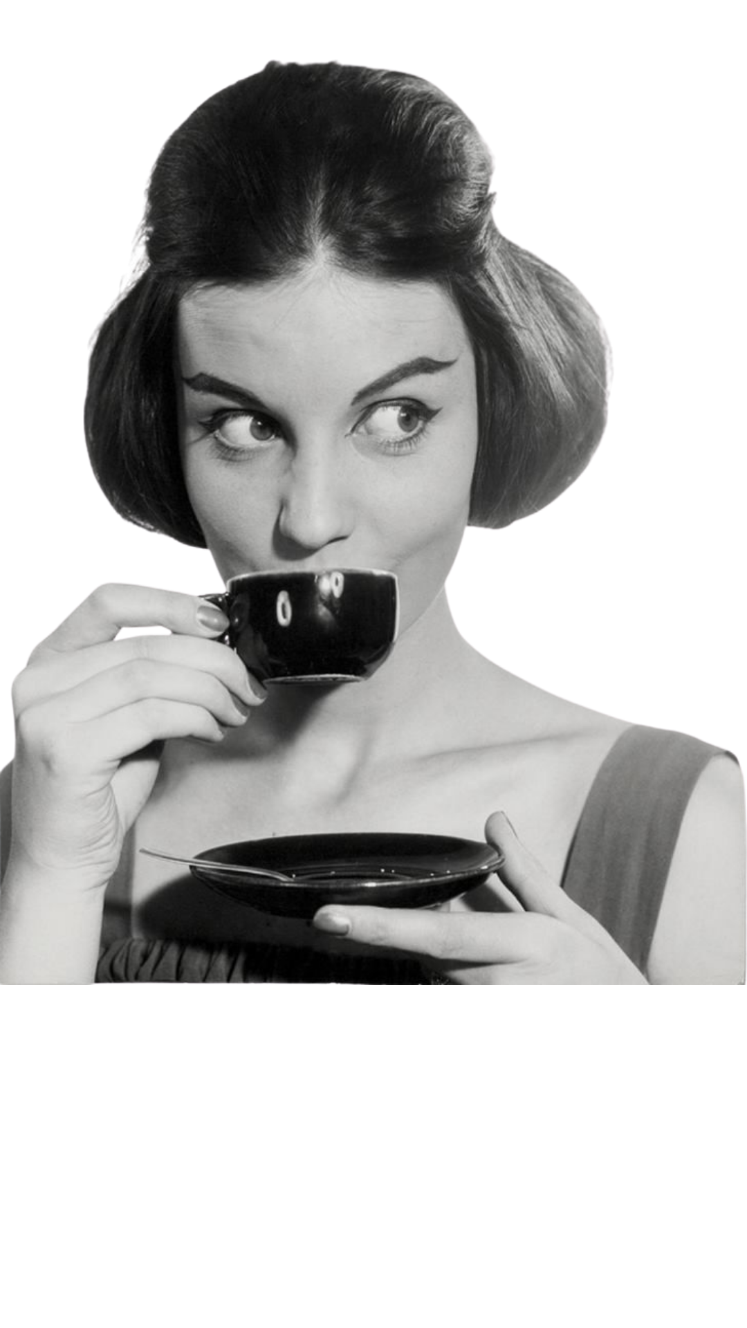 A woman with short, dark hair, wearing a sleeveless top, is holding a teacup in her right hand and a saucer in her left, with a playful expression as she looks to her left.