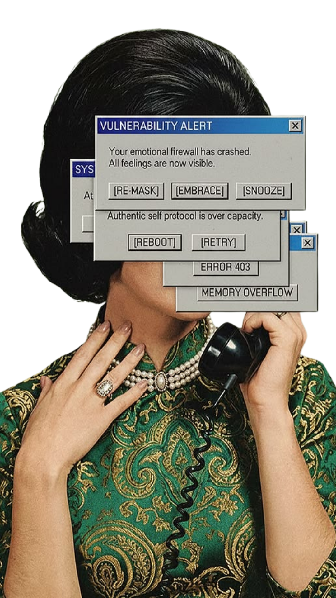 Woman dressed in ornate green and gold dress with pearls, holding a black telephone receiver, with multiple digital error alerts overlayed, including a vulnerability alert and a memory overflow warning.