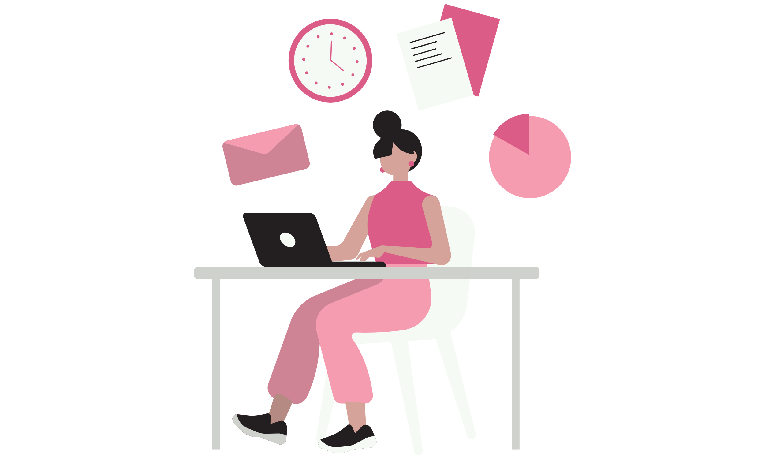 Illustration of a woman sitting at a desk using a laptop, with a clock, documents, email icon, and pie chart floating around her, all in pink, black, and white colors.
