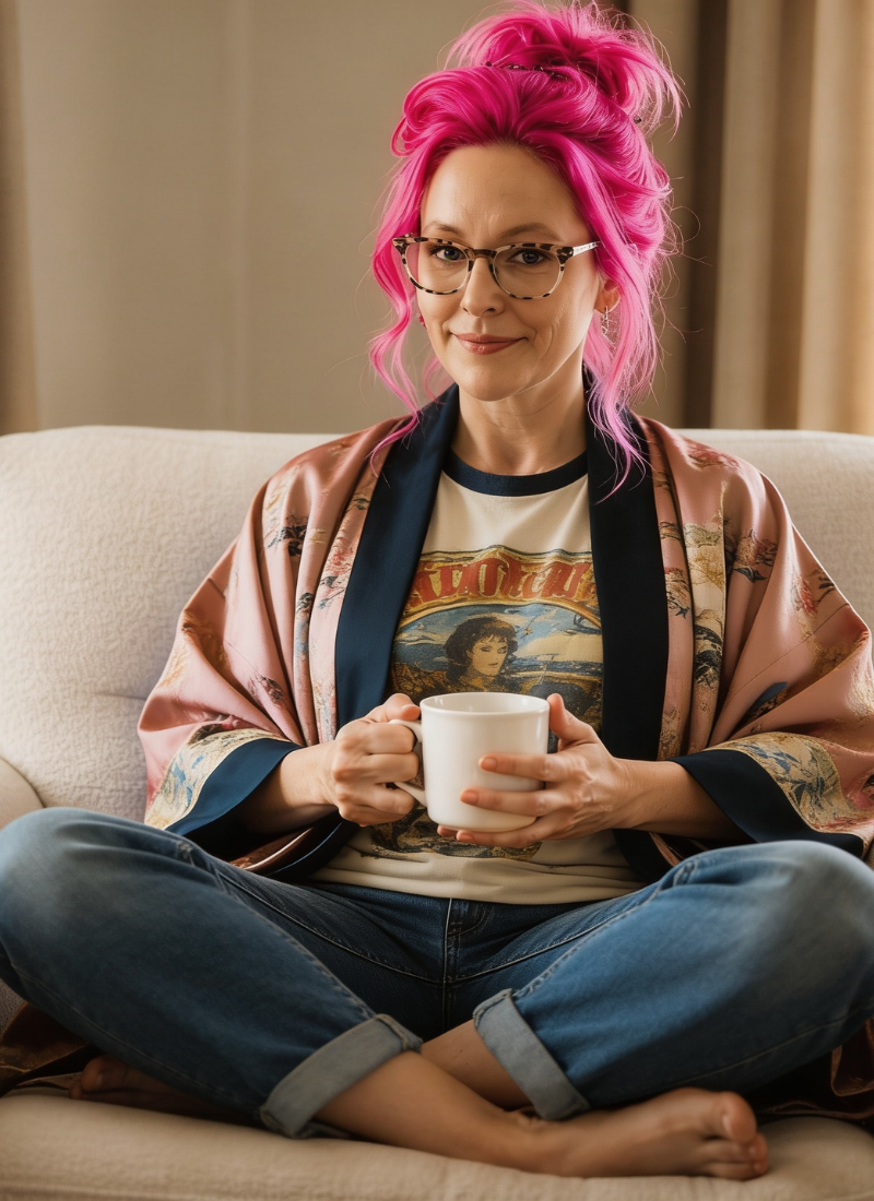 A woman with pink hair, glasses, and a relaxed outfit, sitting cross-legged on a sofa, holding a mug, smiling gently.
