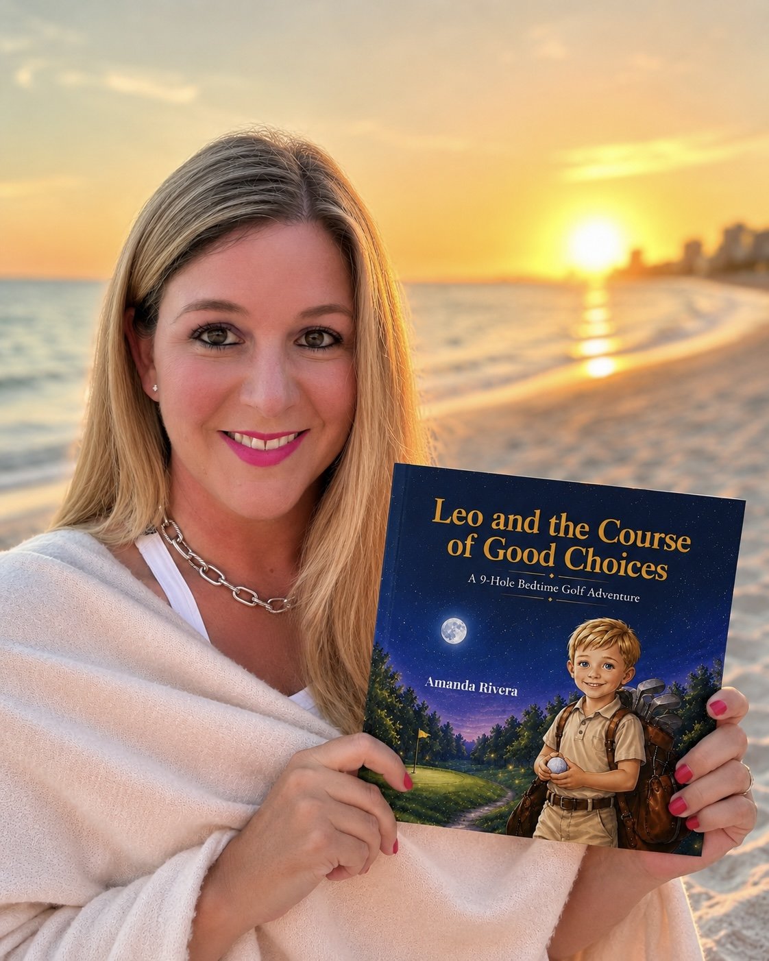 A woman with long blonde hair smiling at the camera on a beach during sunset, holding a book titled 'Leo and the Course of Good Choices' by Amanda Rivera, featuring an illustrated boy in a golf outfit on the cover.