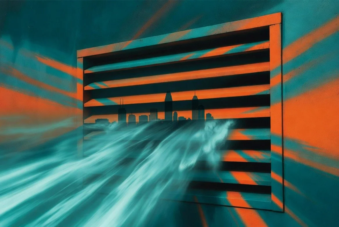 A mural of a city skyline with skyscrapers seen through a window with horizontal slats, with water rushing out and vibrant orange and teal light streaks surrounding it.