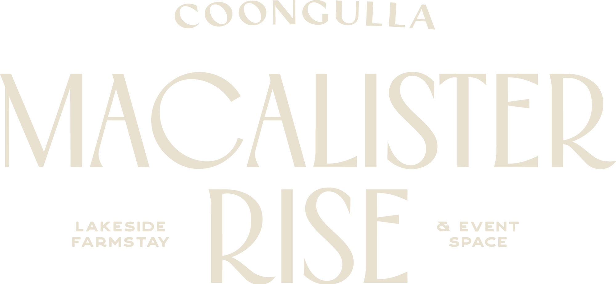 Text graphic featuring the names of a farm and event space: 'Coongulla Lake & Event Space', 'Coongulla', 'Lakeide', 'Farmstay', 'Rising'