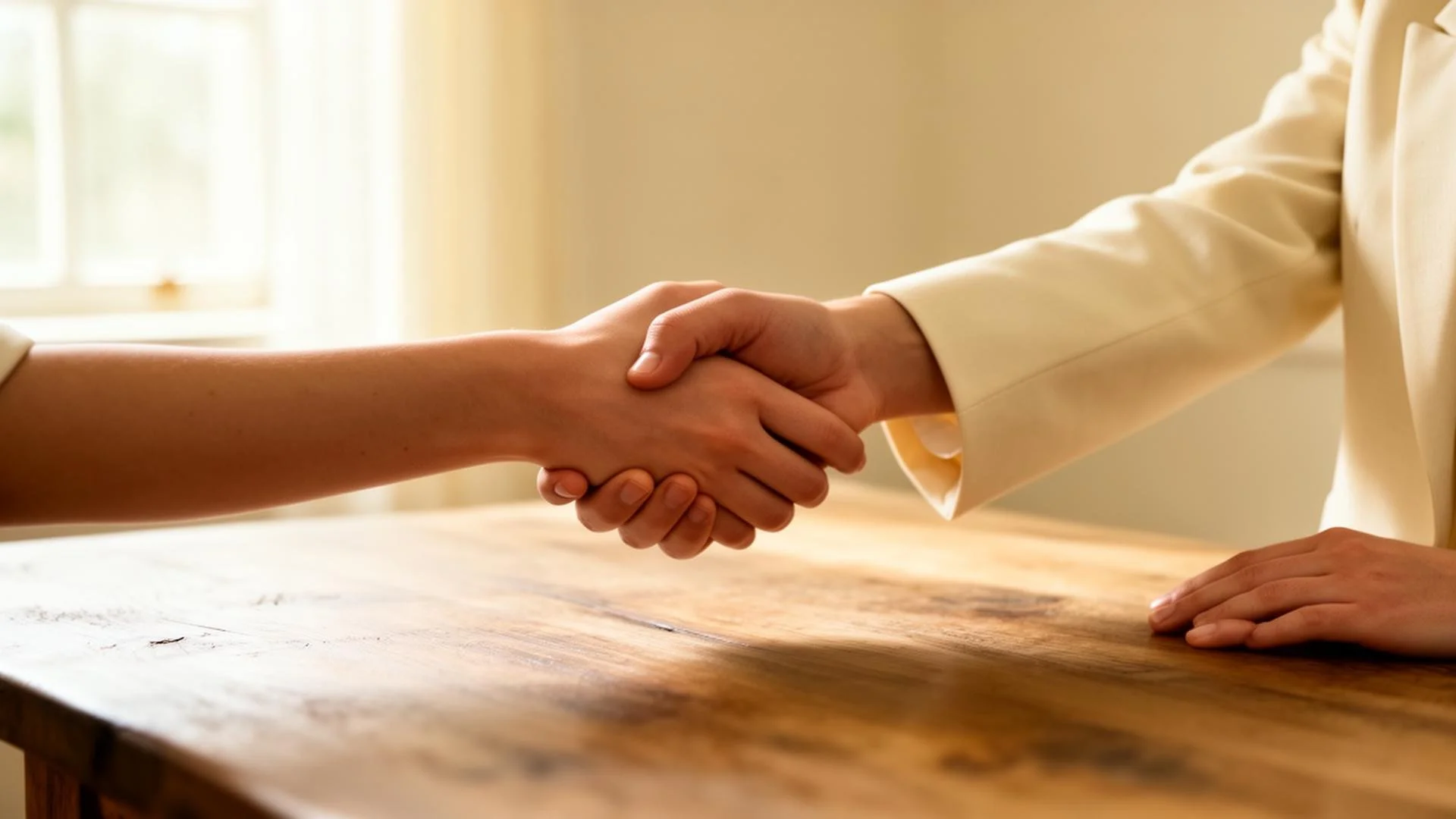 Two people shaking hands across a wooden table in a warmly lit room.