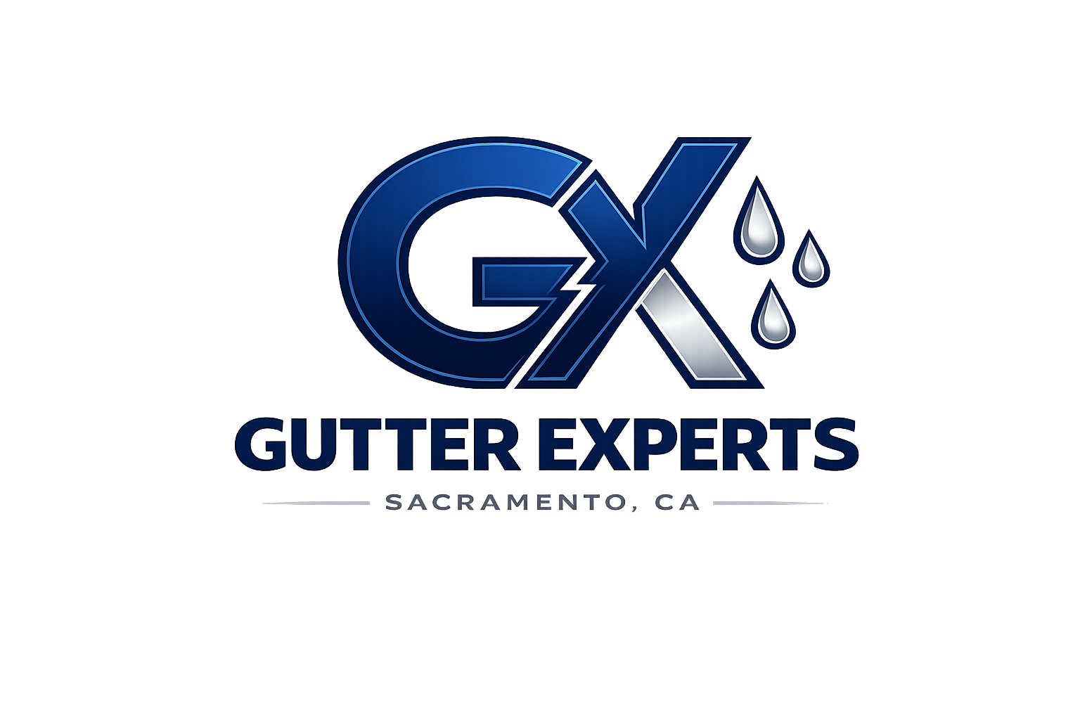 Logo for Gutter Experts, a gutter cleaning service in Sacramento, California, featuring large letters 'GX' and water drops.
