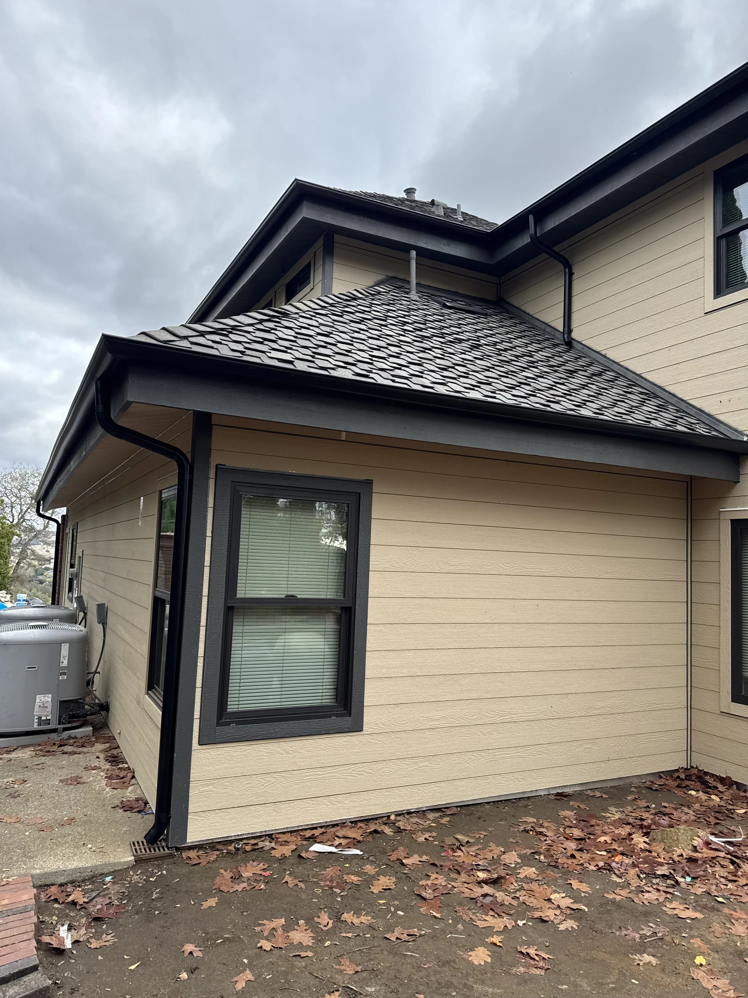 The image shows the exterior corner of a beige house with black trim and a black roof. There are two windows with black frames and a gutter system. The ground is covered with fallen brown autumn leaves and dirt. The sky is overcast with gray clouds.