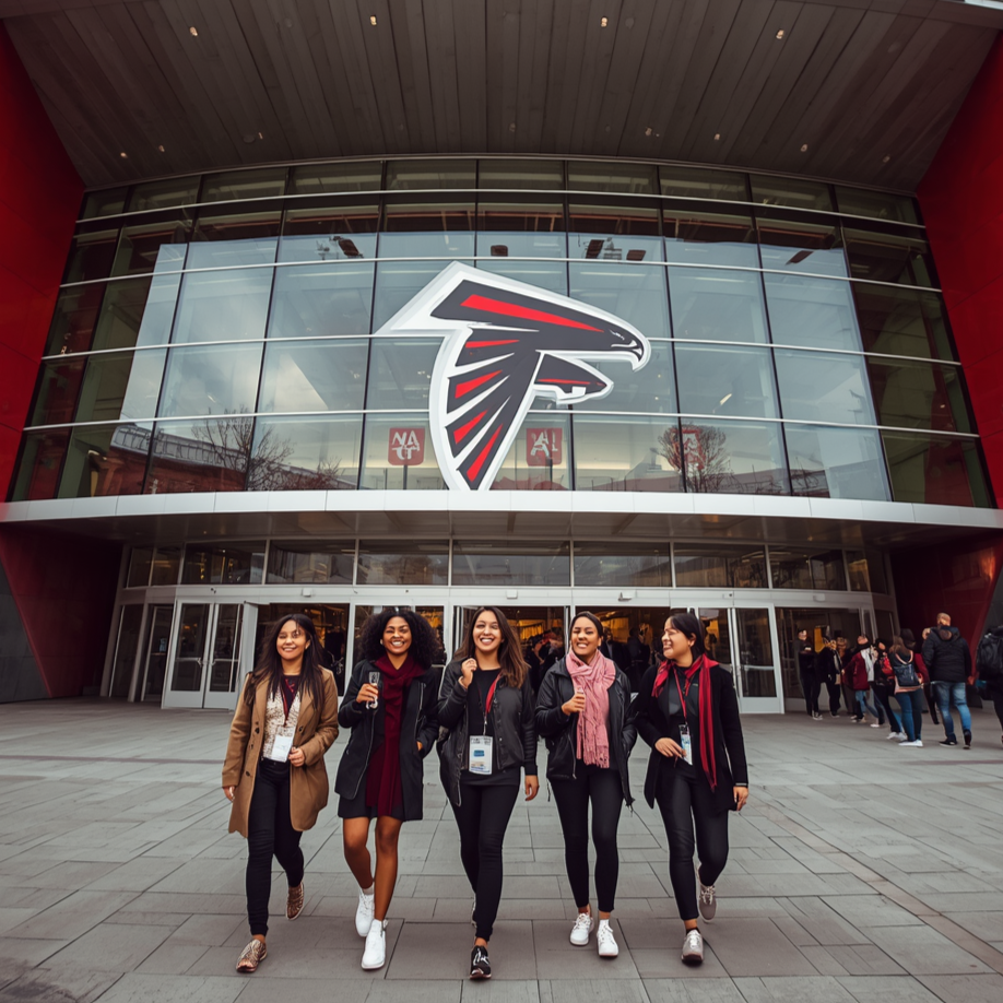 Five women walking out of a modern building with a large Atlanta Falcons logo on the front, smiling and carrying backpacks and conference badges.
