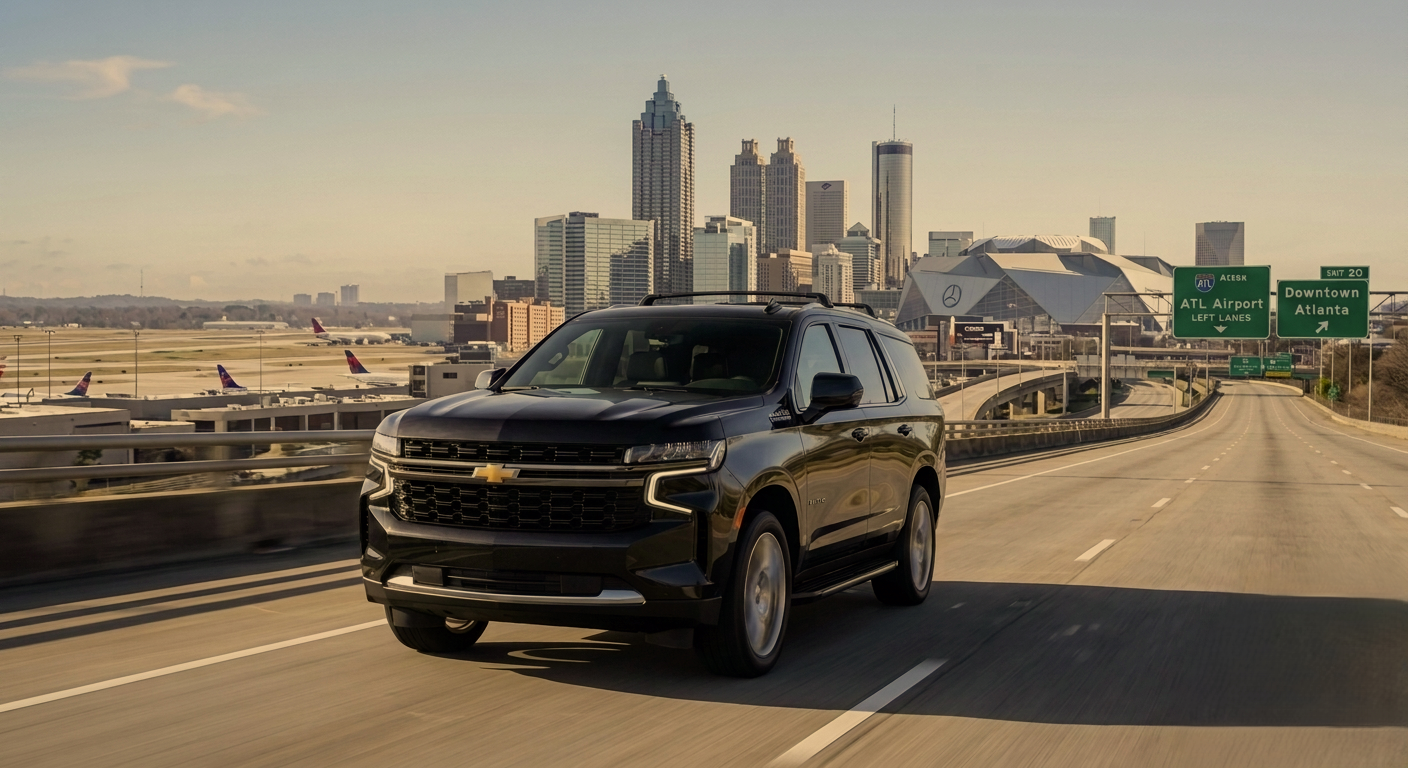 A black Chevrolet SUV driving on a highway with Atlanta's downtown skyline in the background during daytime.