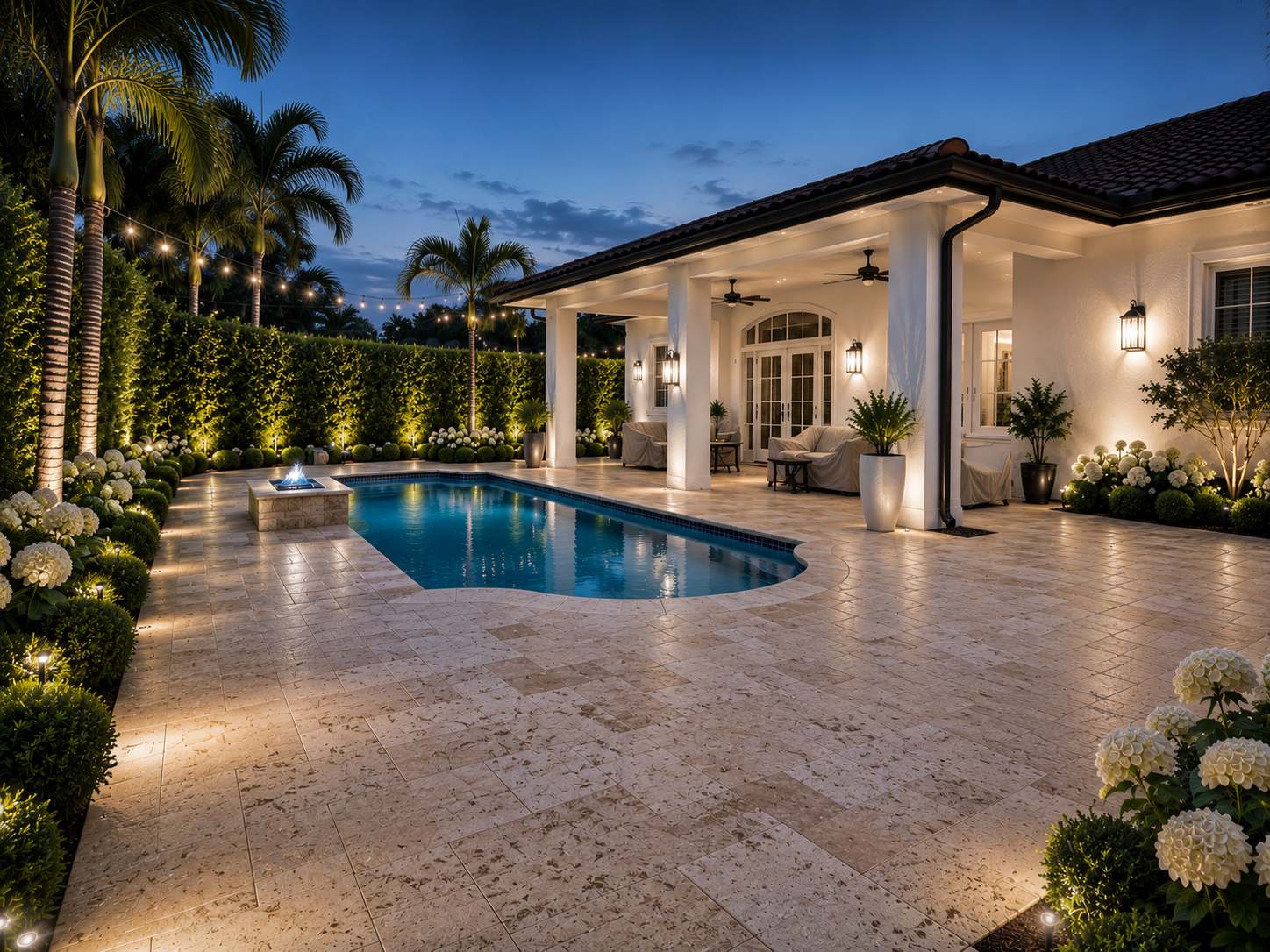 Luxury backyard with a lit swimming pool, surrounded by plants and outdoor furniture, under string lights at dusk.
