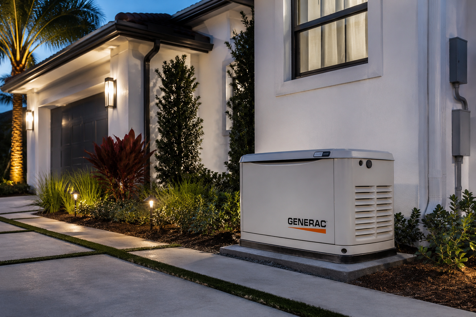 Exterior view of a modern house with landscaping, outdoor lighting, and a Generac generator near the wall.