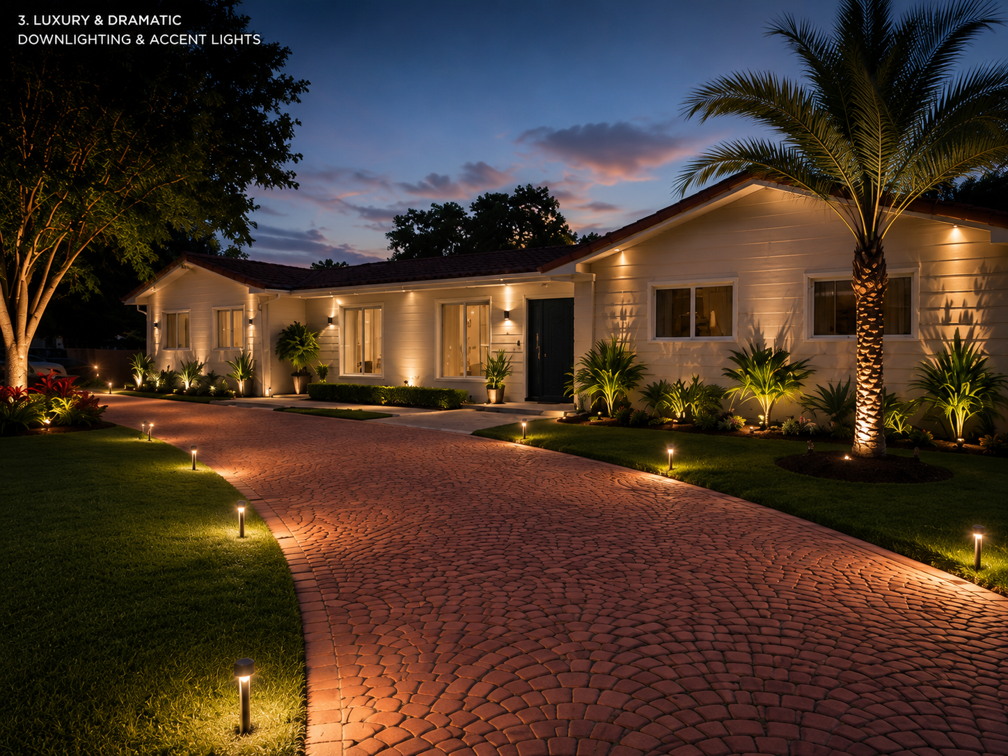 A house at dusk illuminated with downlighting and accent lights, featuring a curved brick driveway, landscaped garden with palm trees, and lush green grass.