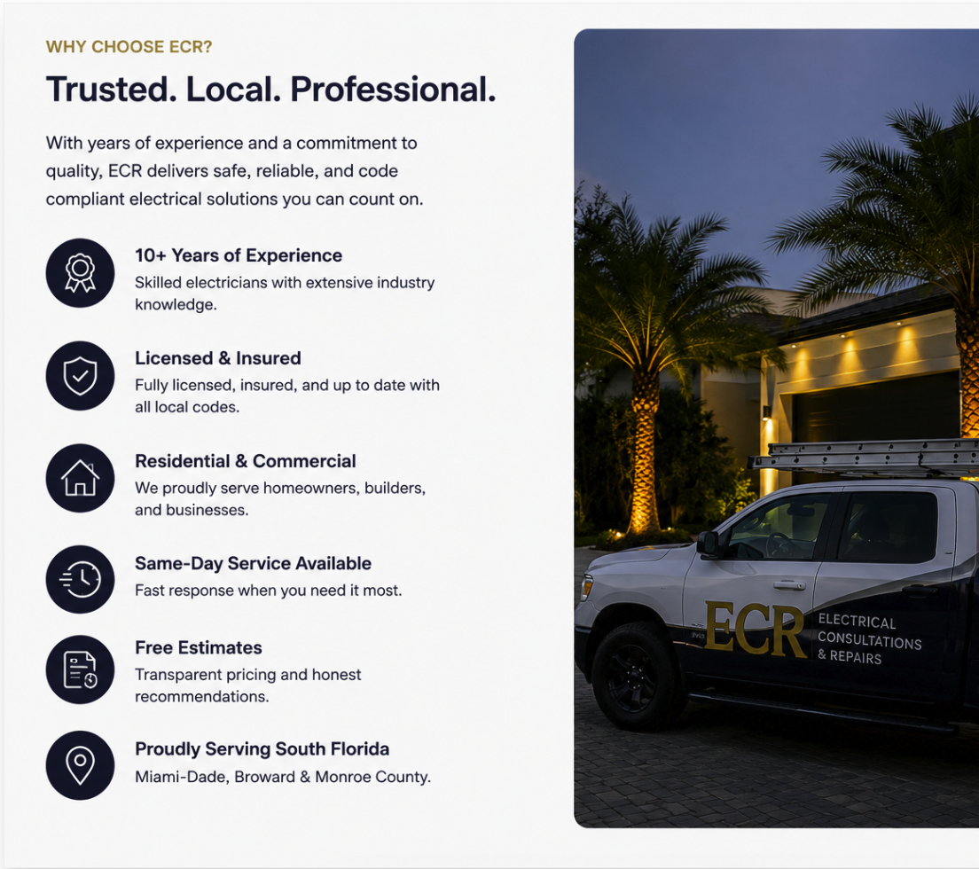 Promotional flyer for ECR Electrical with a list of services and company information. The flyer features a dark vehicle with ECR branding parked in front of a residential home surrounded by palm trees at dusk.