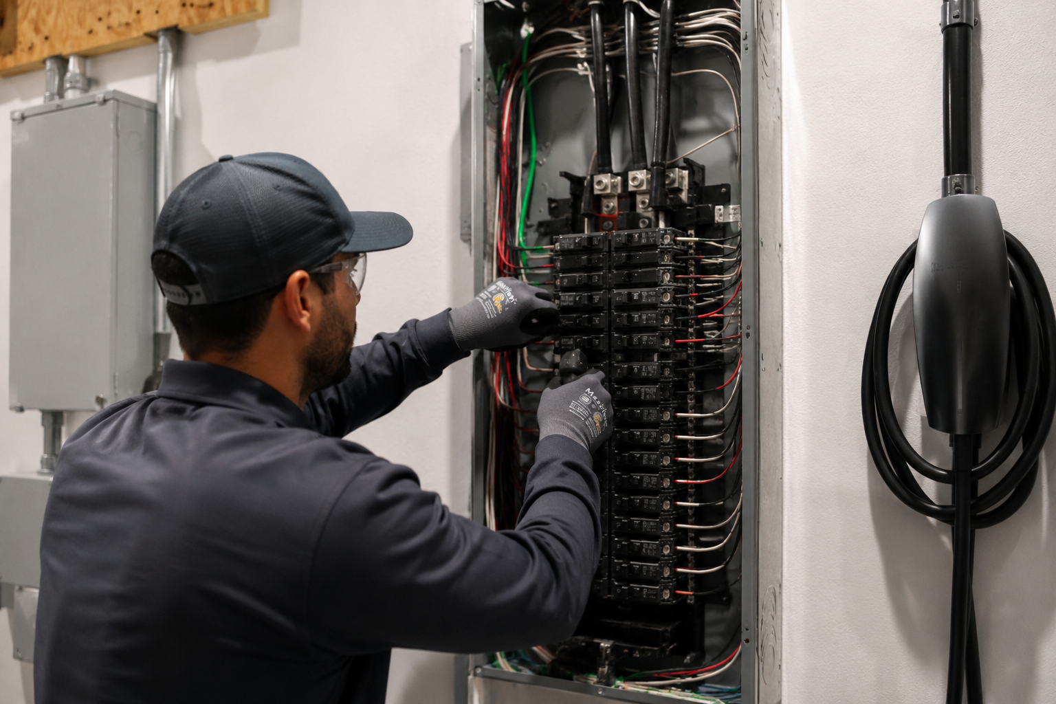 A technician working on an electrical panel with multiple circuit breakers, wearing gloves, safety glasses, a gray cap, and a gray shirt.